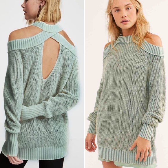 Free People Sweaters - Free People half moon bay pullover sweater small green cold shoulder mock neck